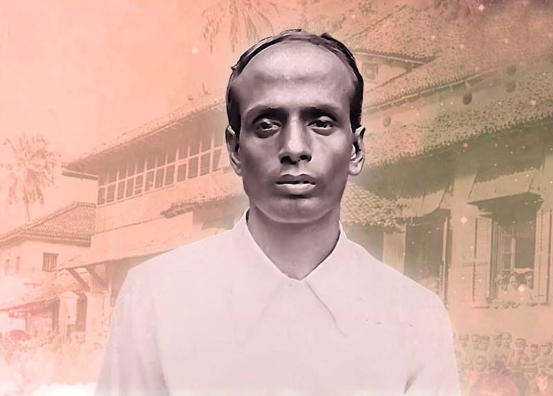 Composite image: the portrait of Surya Sen placed over a warm-toned background of tiled buildings and a street.