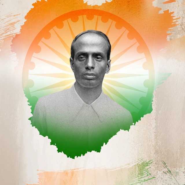 Modern commemorative graphic: the archival photograph of Surya Sen placed over a stylised Ashoka chakra and Indian tricolour brushwork on a textured background.